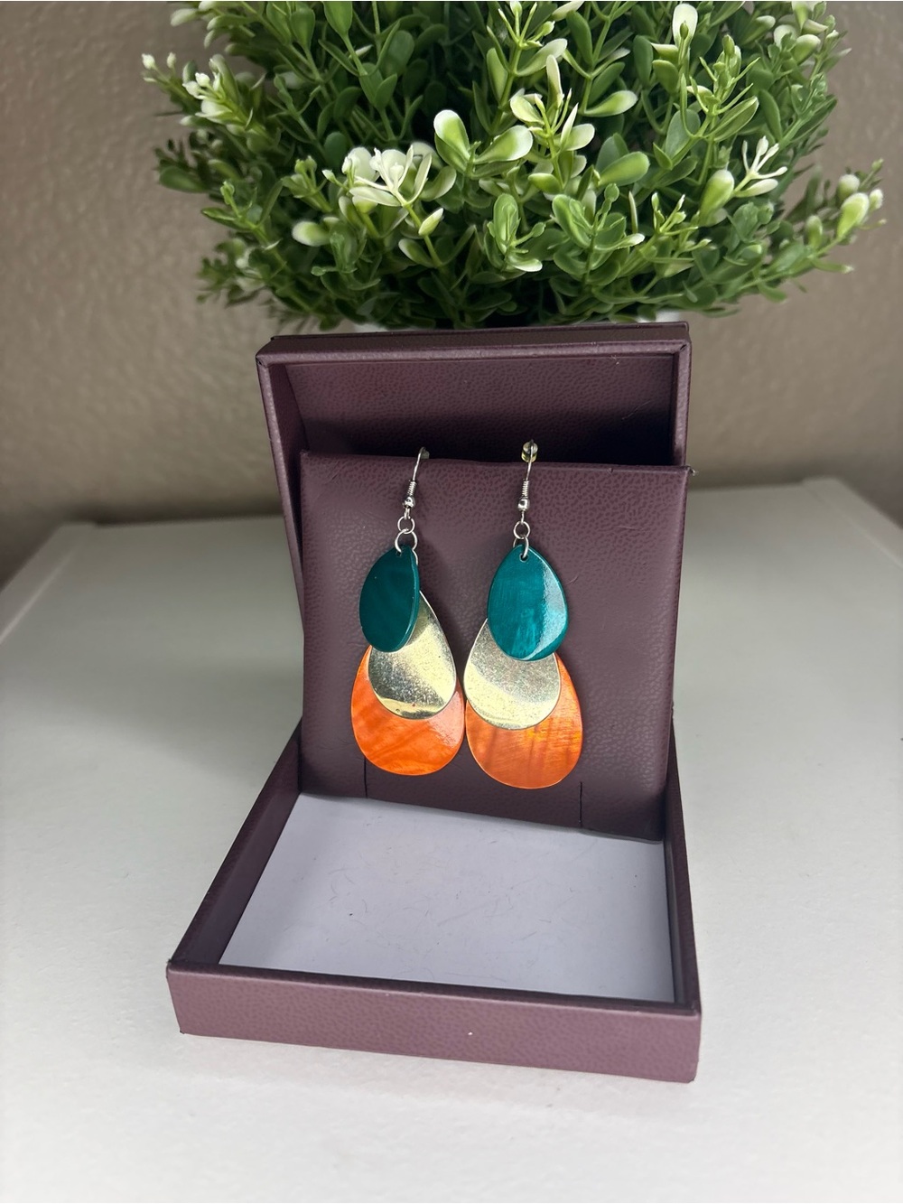 Teardrop Layered Green, Gold & Orange Dangle Earrings